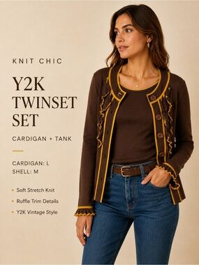 Knit Chic Y2K Ruffle Twinset Cardigan Tank Set Brown‎ Mustard M/L